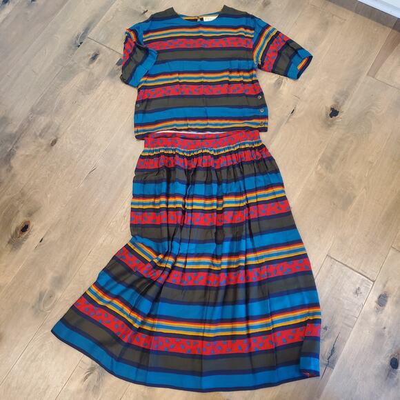 Vtg Chaus Women's Ladies 2 Pc Set Skirt Blouse Stripe Multicolored Size L large - Picture 1 of 11